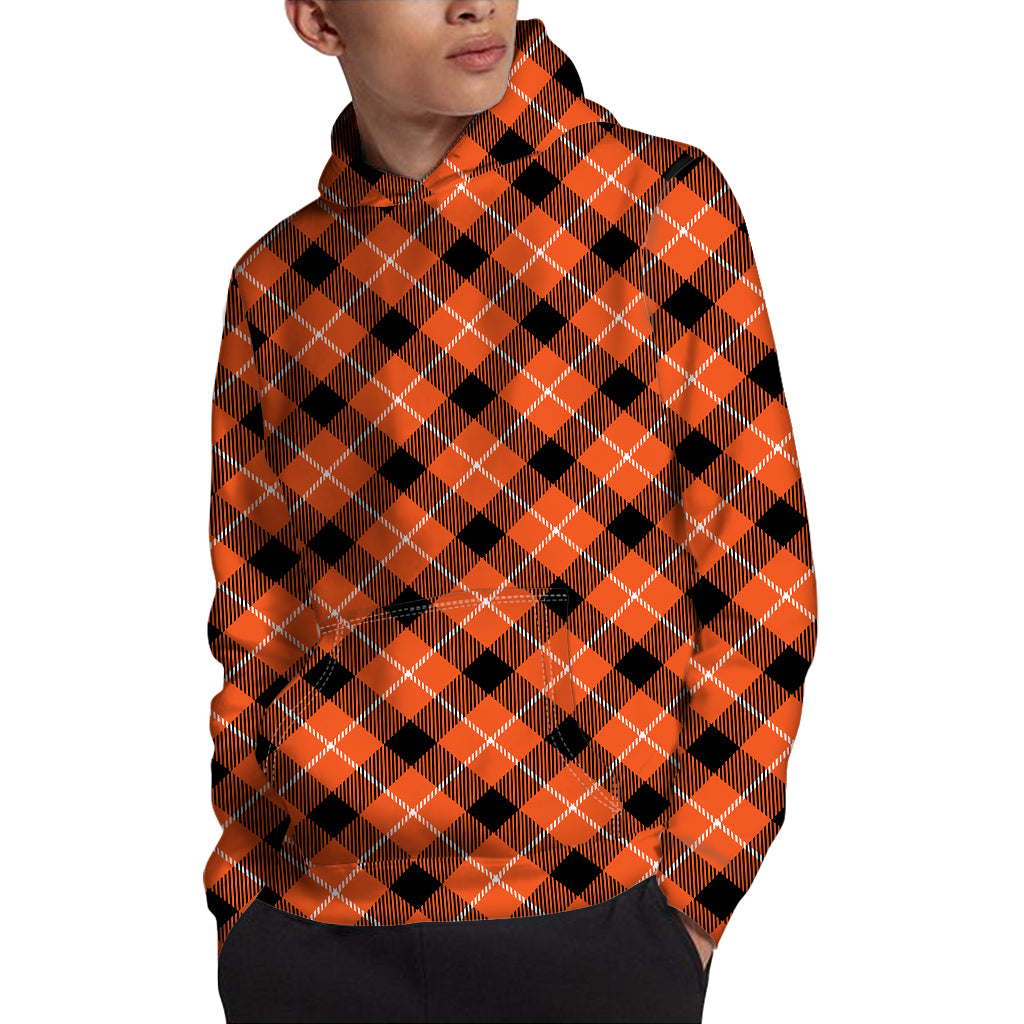 Orange Black And White Plaid Print Pullover Hoodie