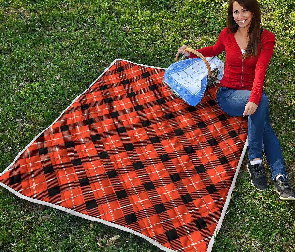 Orange Black And White Plaid Print Quilt