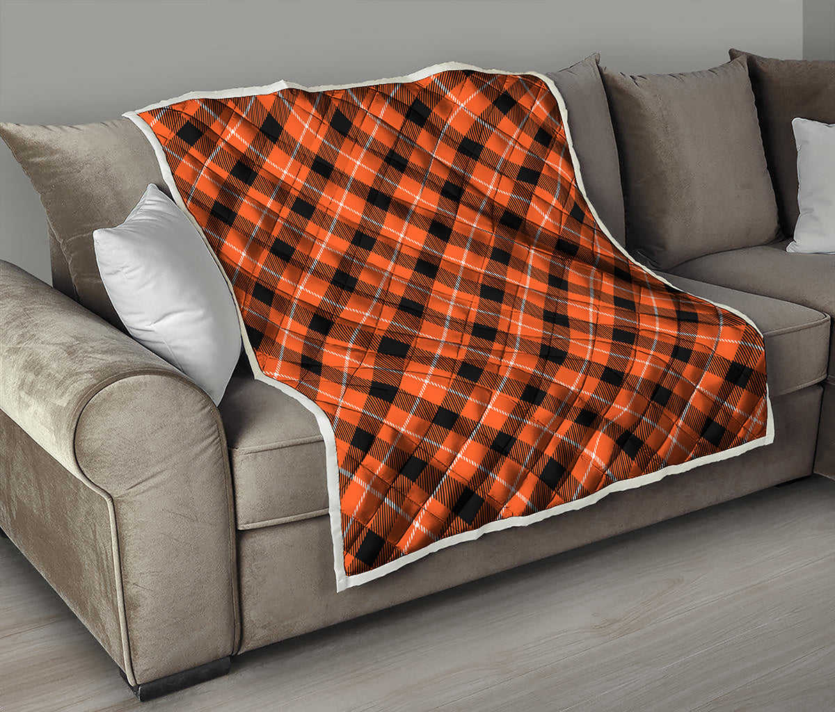 Orange Black And White Plaid Print Quilt