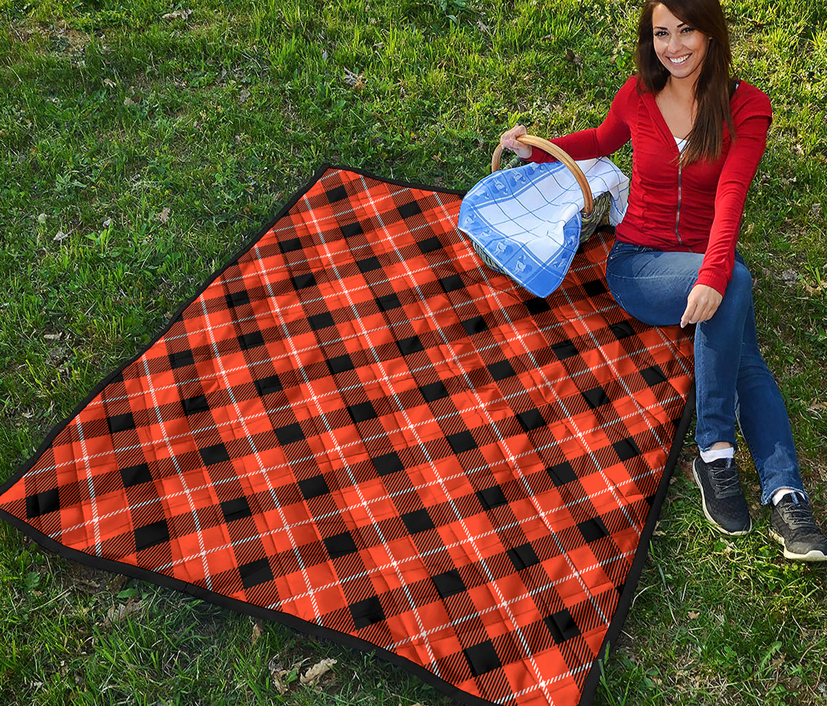 Orange Black And White Plaid Print Quilt