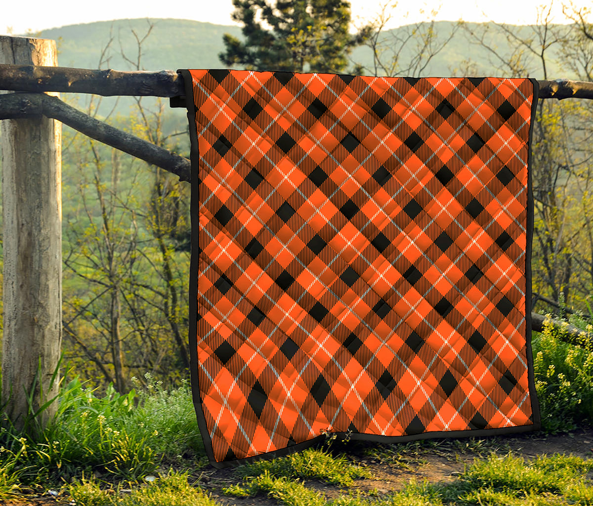 Orange Black And White Plaid Print Quilt