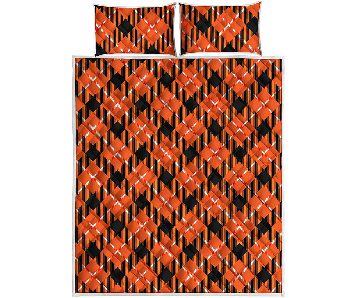 Orange Black And White Plaid Print Quilt Bed Set