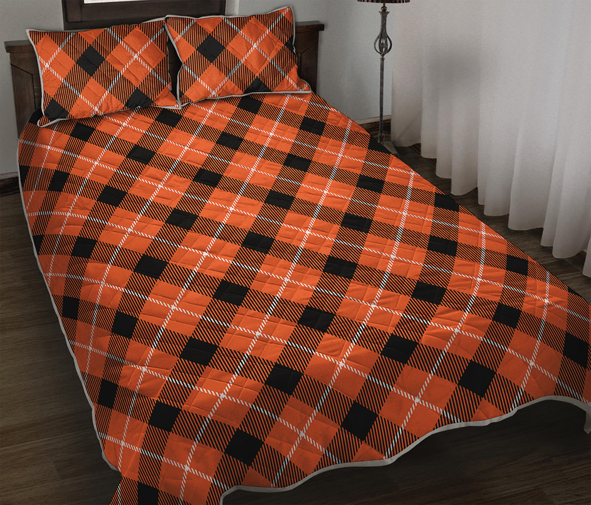 Orange Black And White Plaid Print Quilt Bed Set