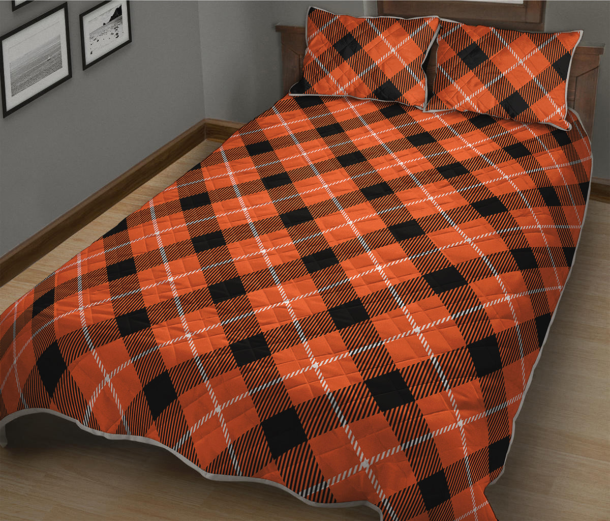 Orange Black And White Plaid Print Quilt Bed Set