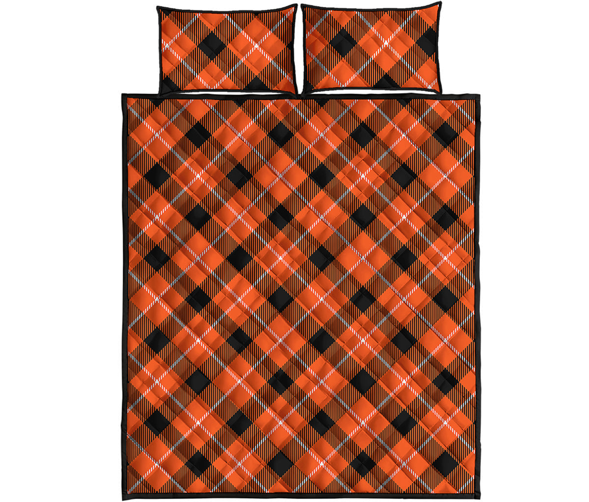 Orange Black And White Plaid Print Quilt Bed Set