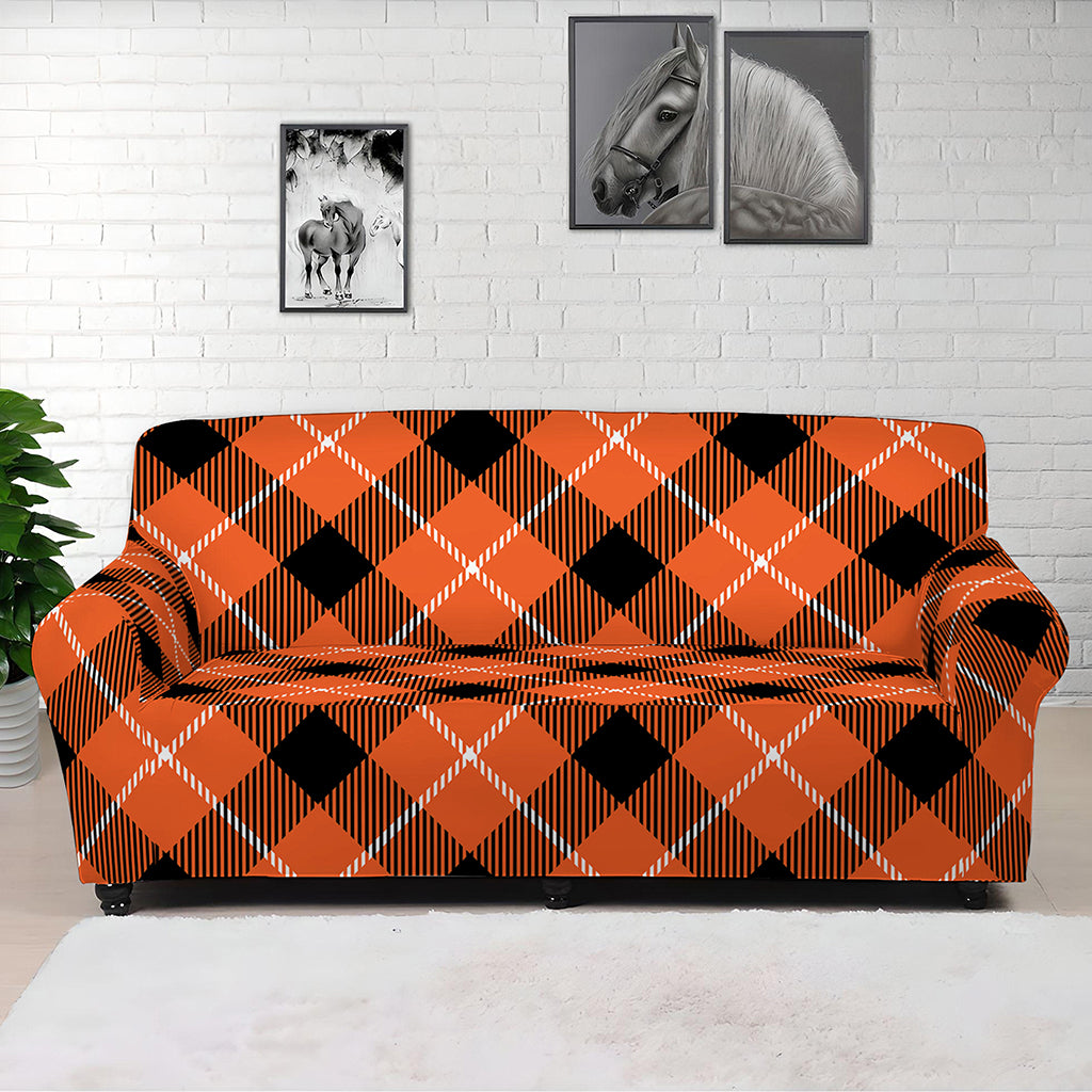 Orange Black And White Plaid Print Sofa Cover