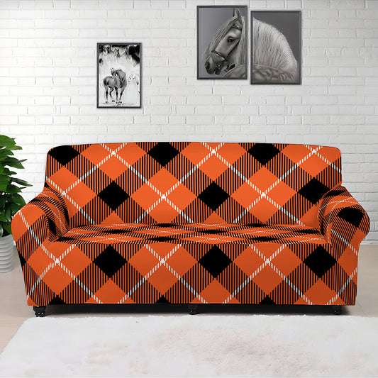 Orange Black And White Plaid Print Sofa Cover