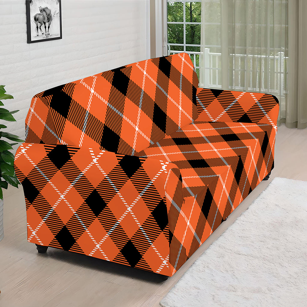 Orange Black And White Plaid Print Sofa Cover