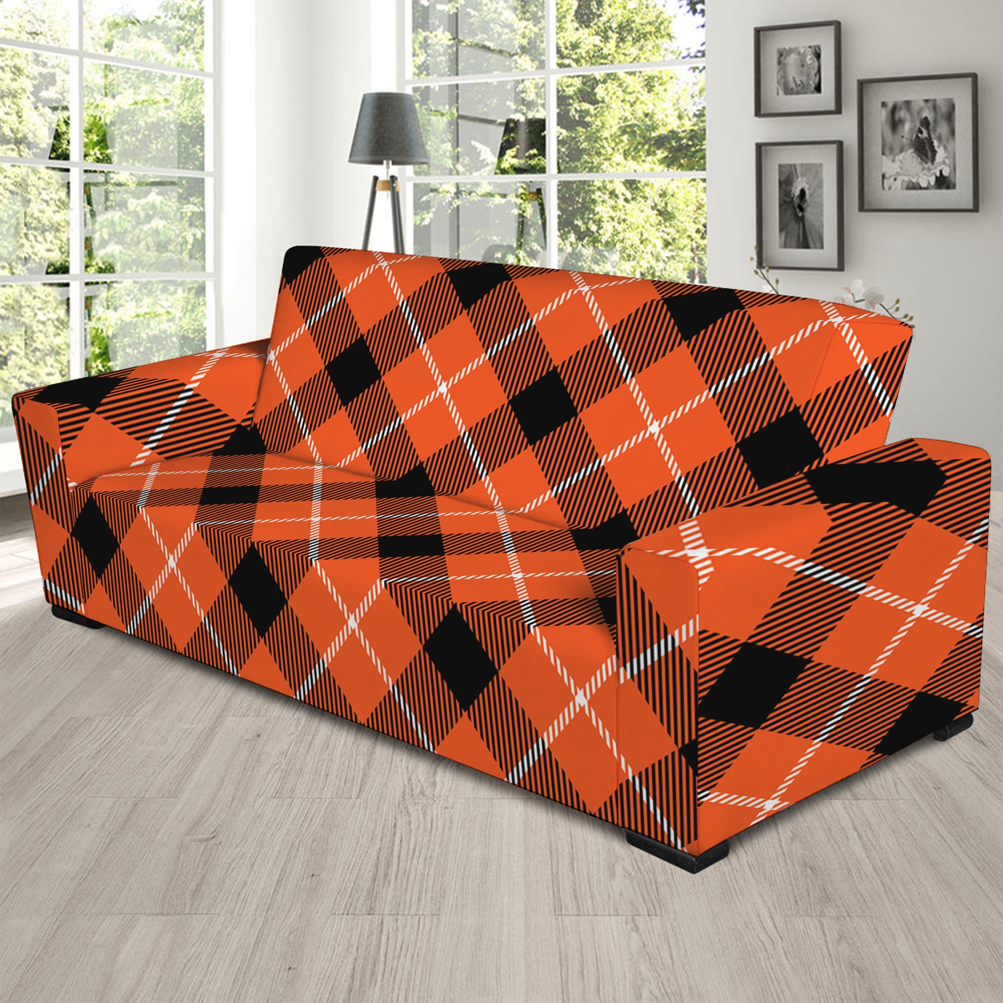 Orange Black And White Plaid Print Sofa Slipcover