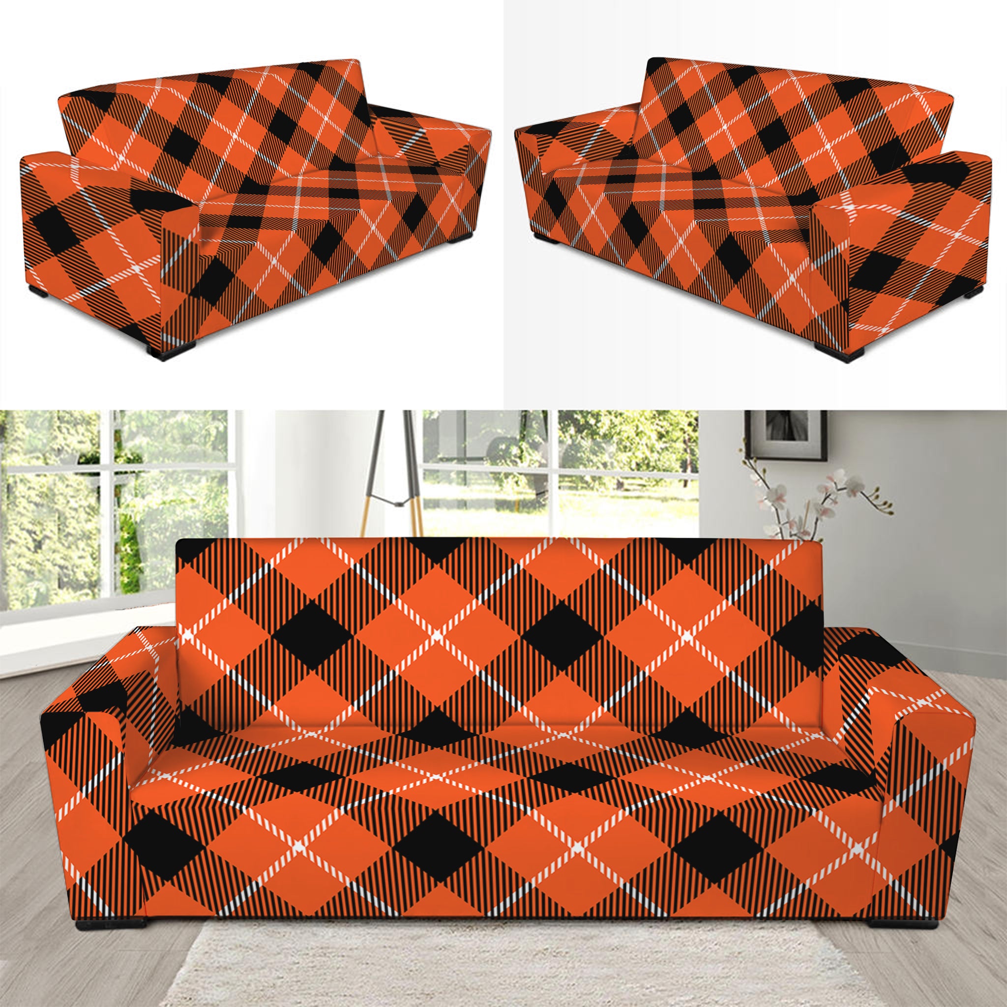 Orange Black And White Plaid Print Sofa Slipcover