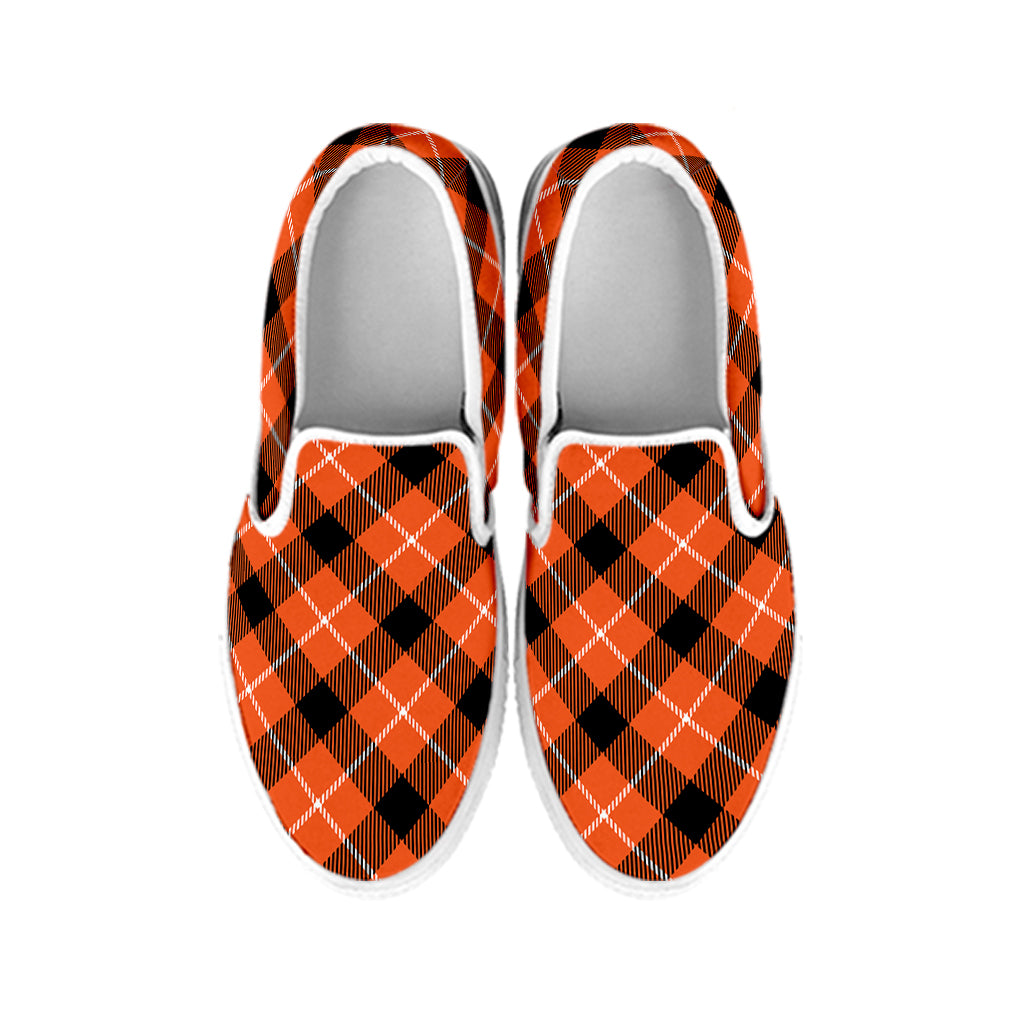 Orange Black And White Plaid Print White Slip On Shoes
