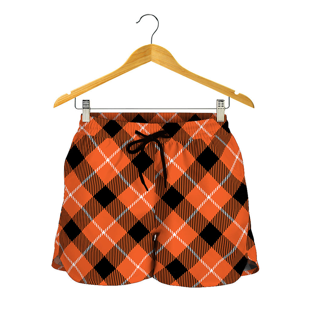 Orange Black And White Plaid Print Women's Shorts