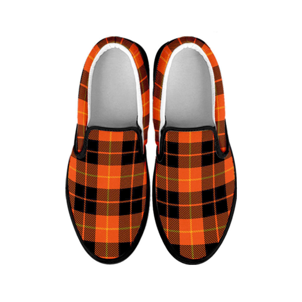 Orange Black And Yellow Tartan Print Black Slip On Shoes