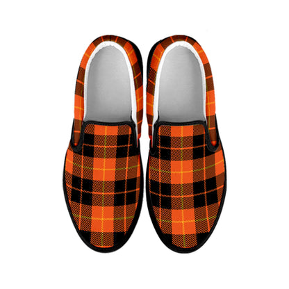 Orange Black And Yellow Tartan Print Black Slip On Shoes