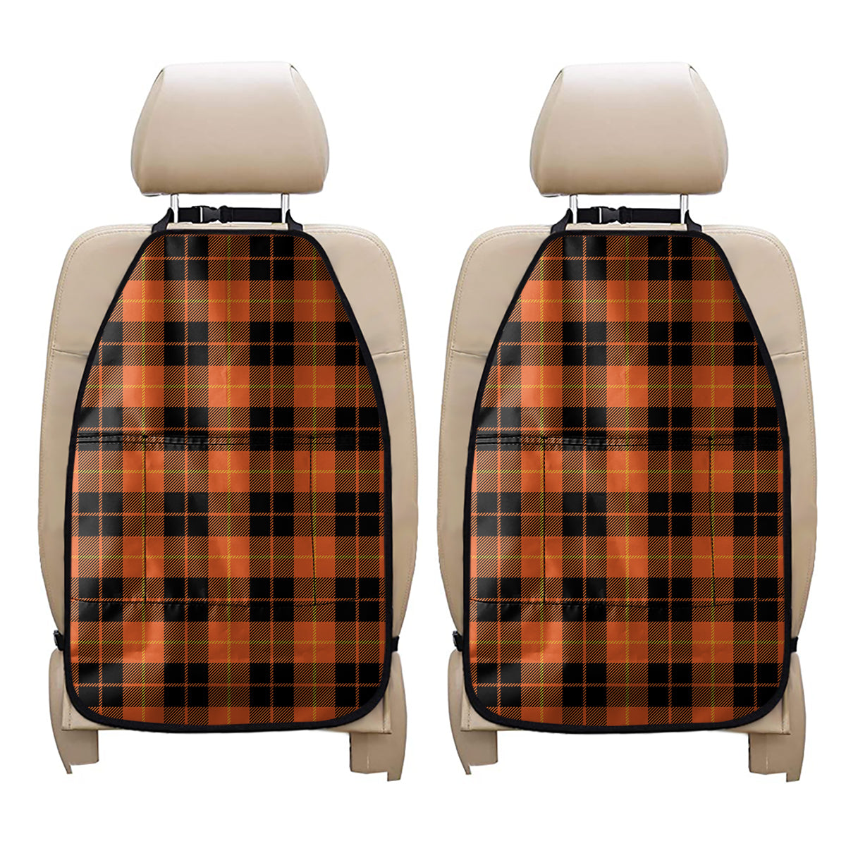 Orange Black And Yellow Tartan Print Car Seat Organizers