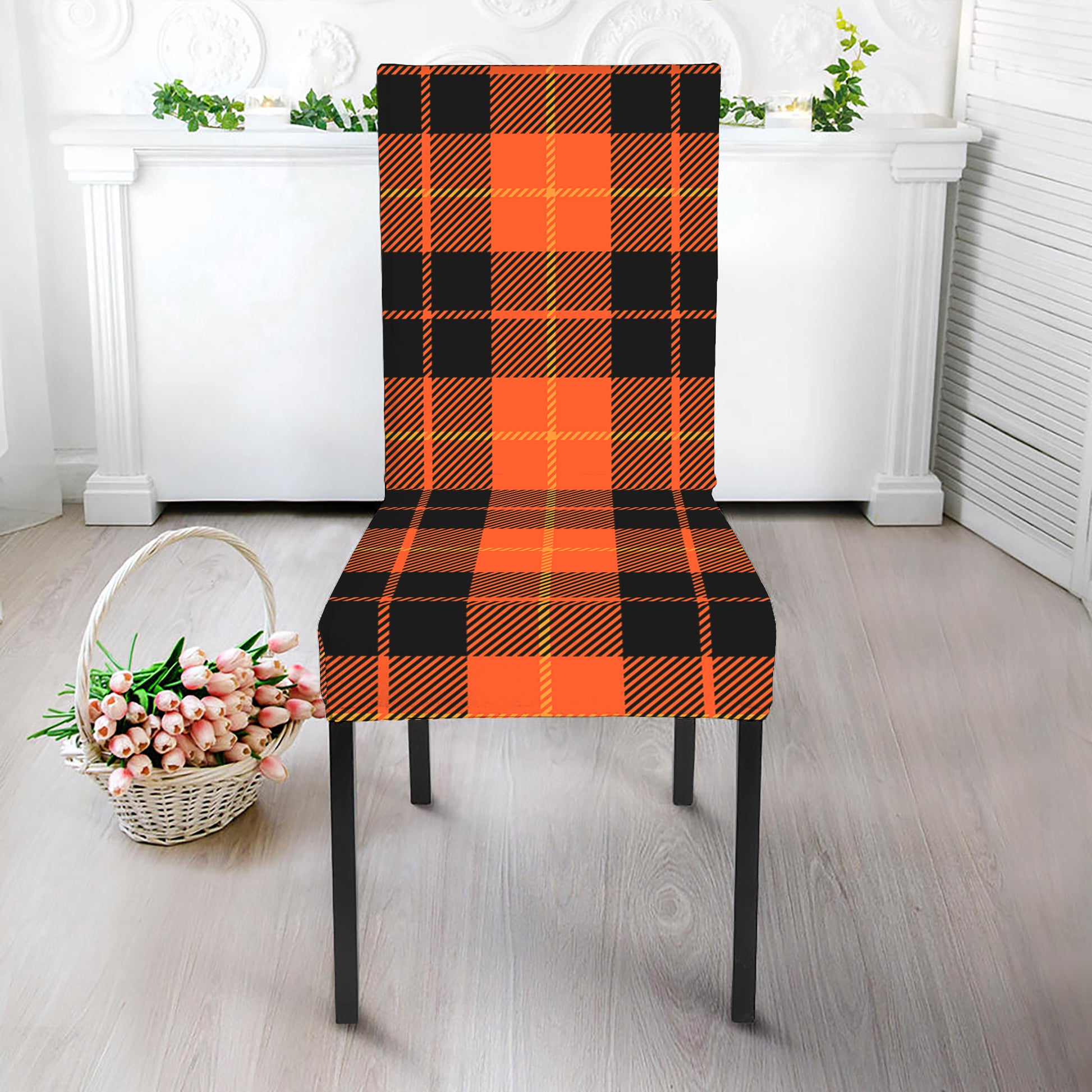 Orange Black And Yellow Tartan Print Dining Chair Slipcover