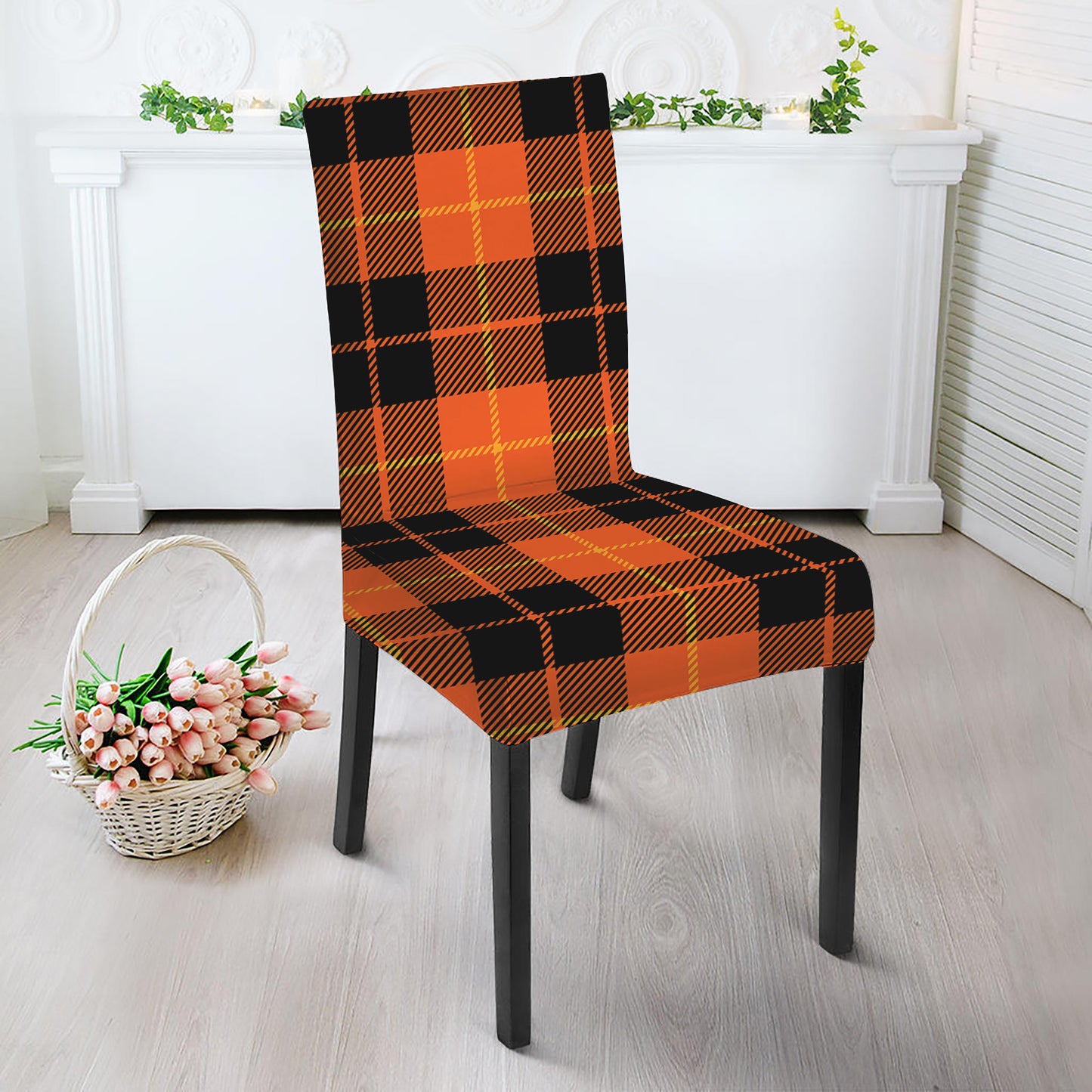 Orange Black And Yellow Tartan Print Dining Chair Slipcover