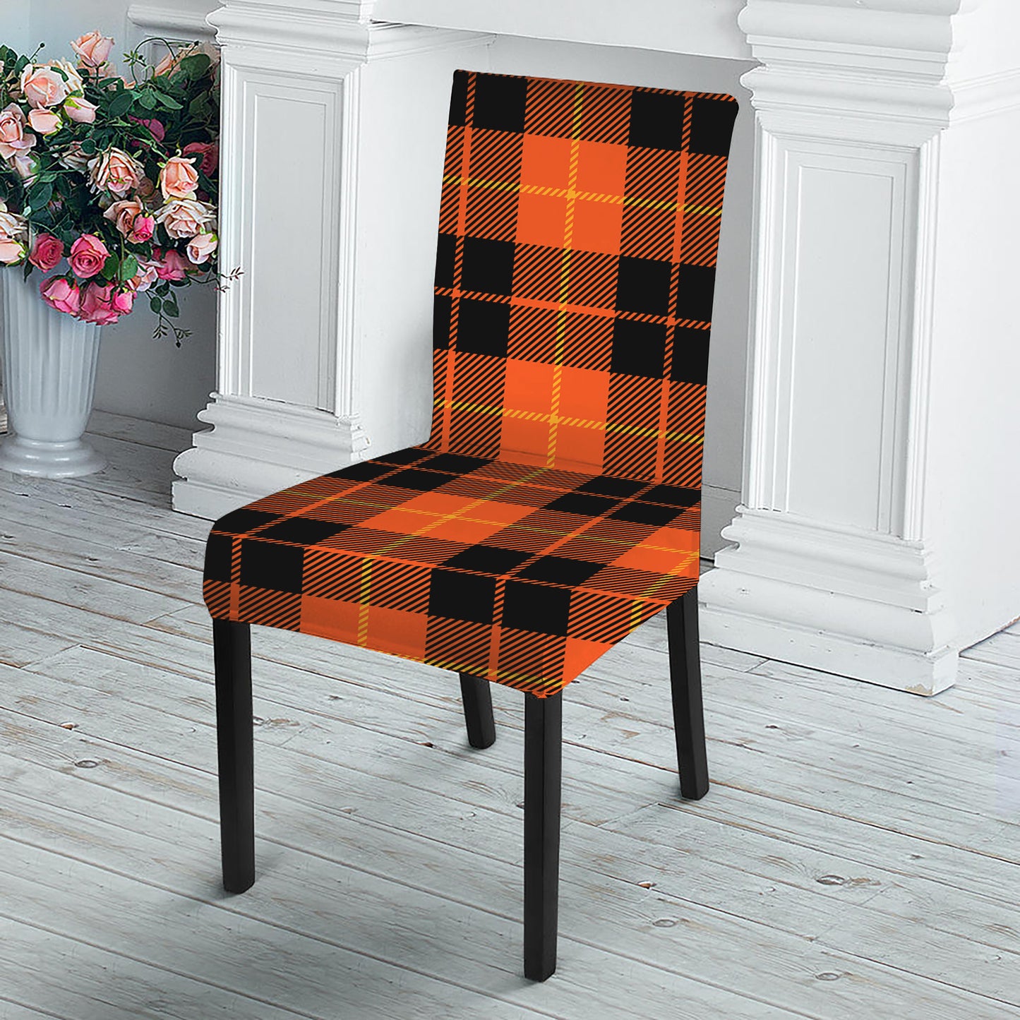 Orange Black And Yellow Tartan Print Dining Chair Slipcover