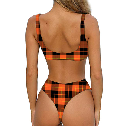 Orange Black And Yellow Tartan Print Front Bow Tie Bikini