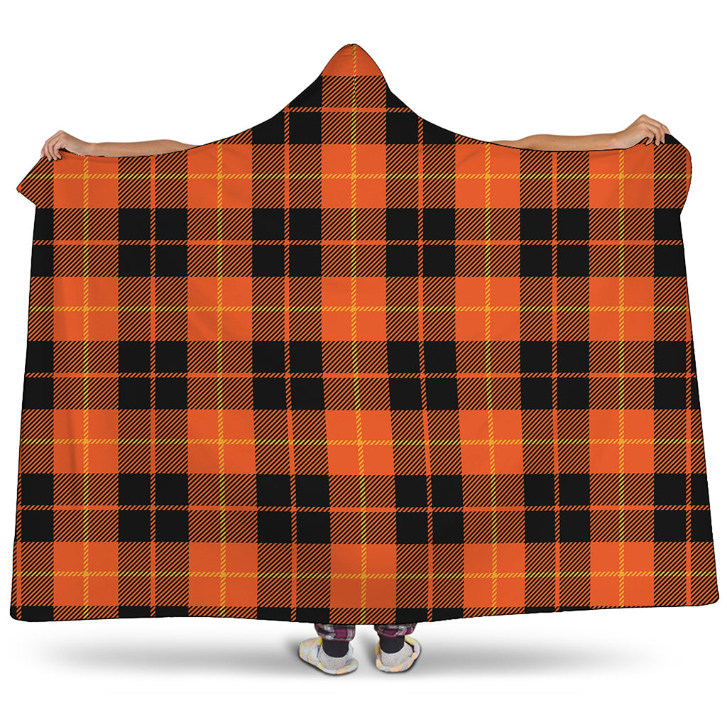 Orange Black And Yellow Tartan Print Hooded Blanket