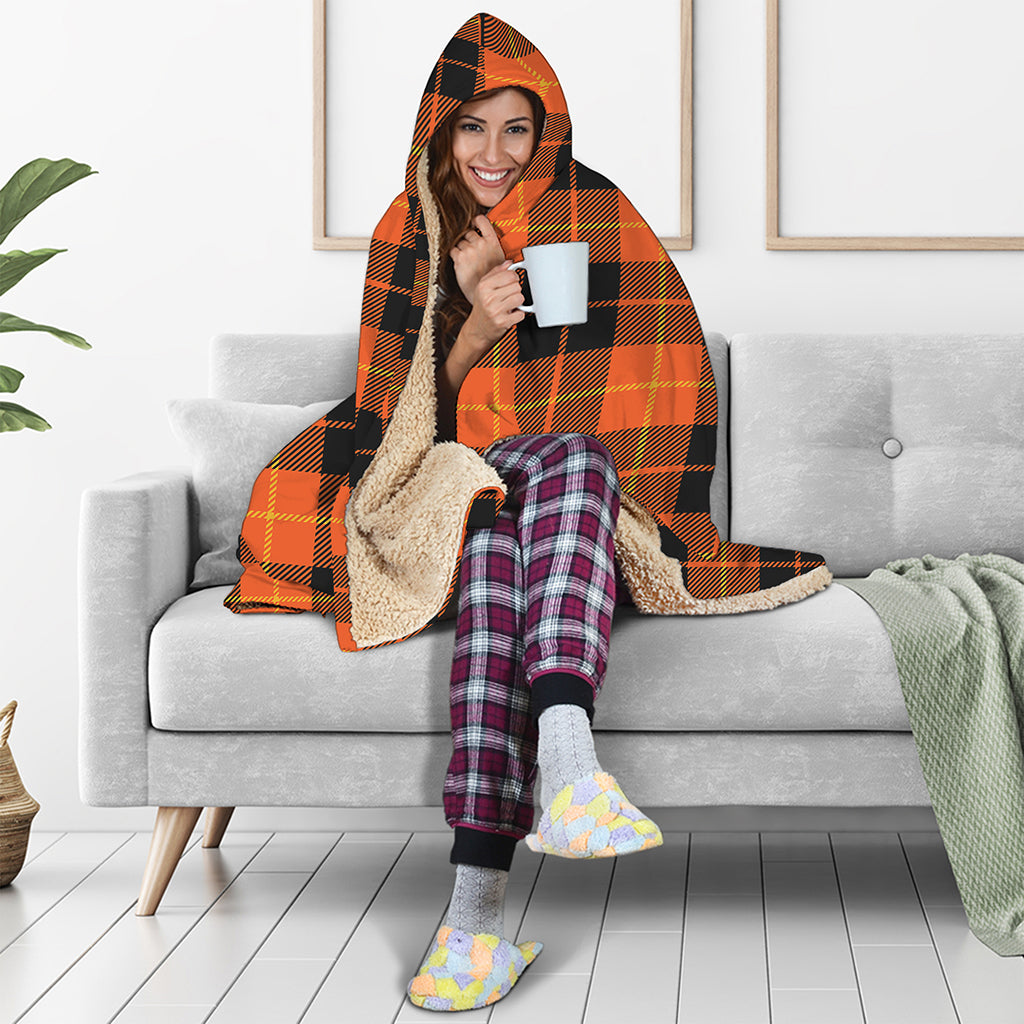 Orange Black And Yellow Tartan Print Hooded Blanket