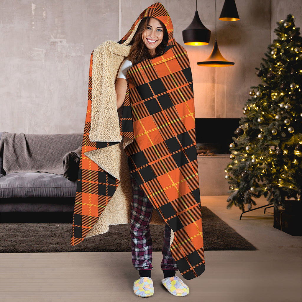 Orange Black And Yellow Tartan Print Hooded Blanket
