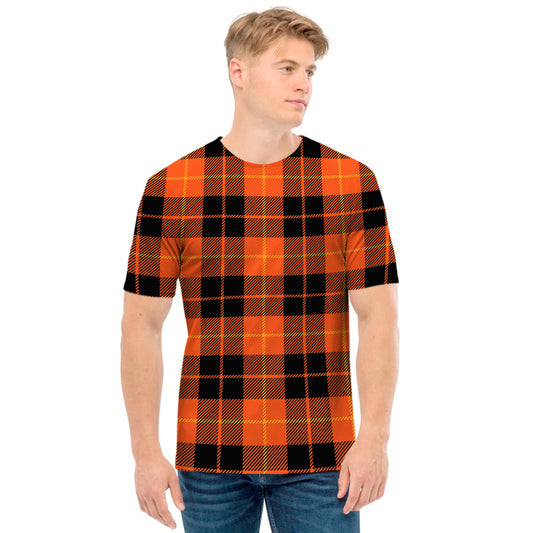 Orange Black And Yellow Tartan Print Men's T-Shirt