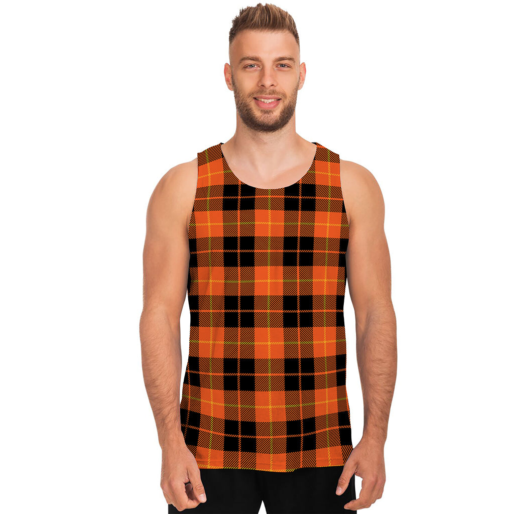 Orange Black And Yellow Tartan Print Men's Tank Top
