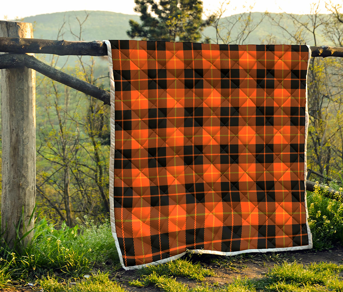 Orange Black And Yellow Tartan Print Quilt