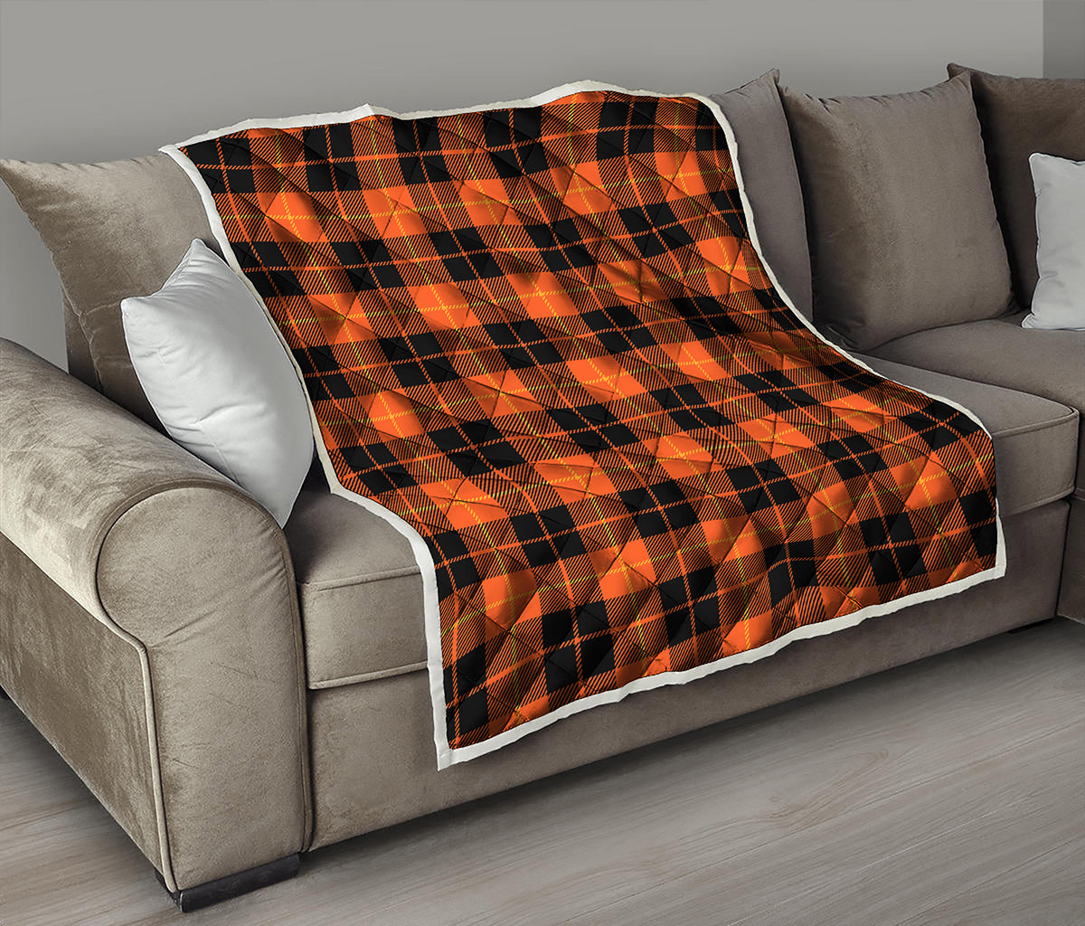 Orange Black And Yellow Tartan Print Quilt
