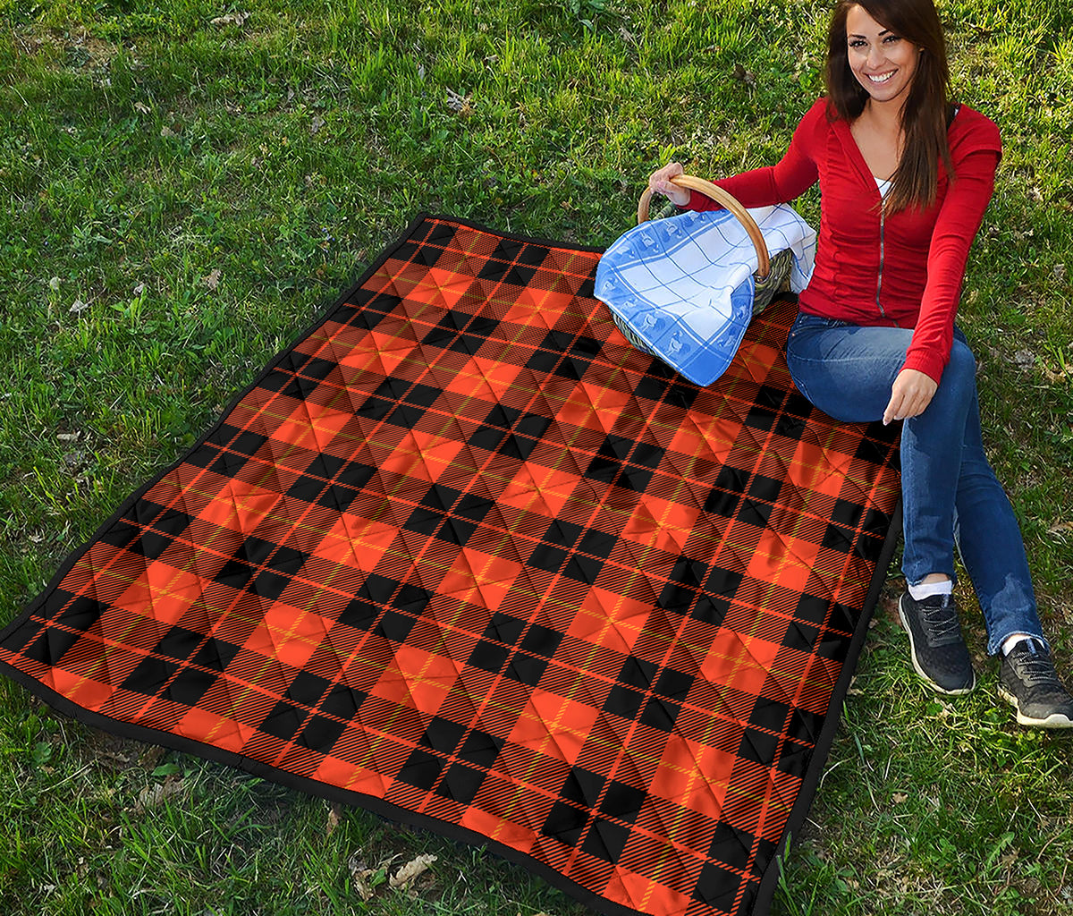 Orange Black And Yellow Tartan Print Quilt