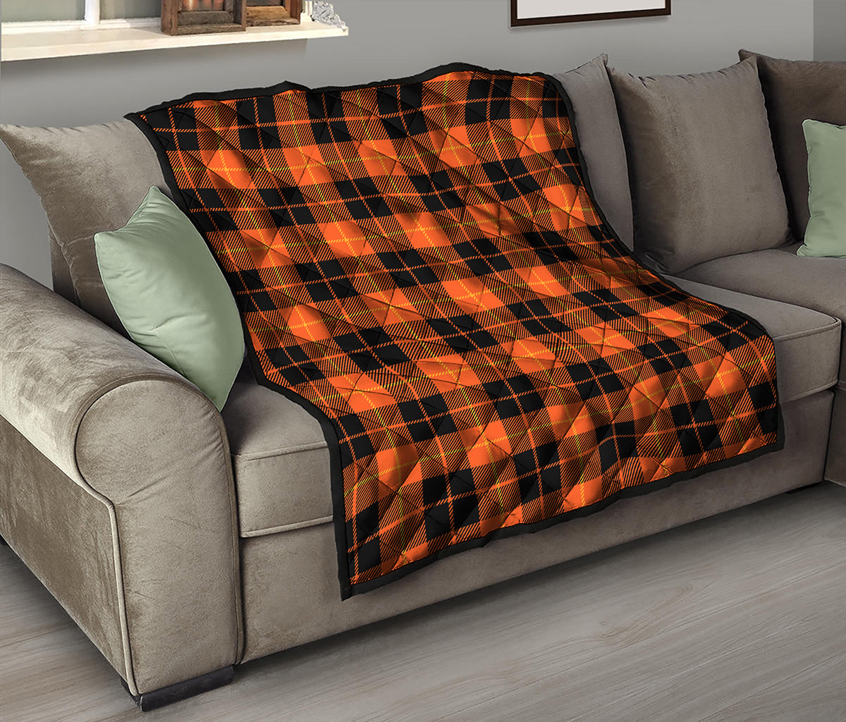 Orange Black And Yellow Tartan Print Quilt