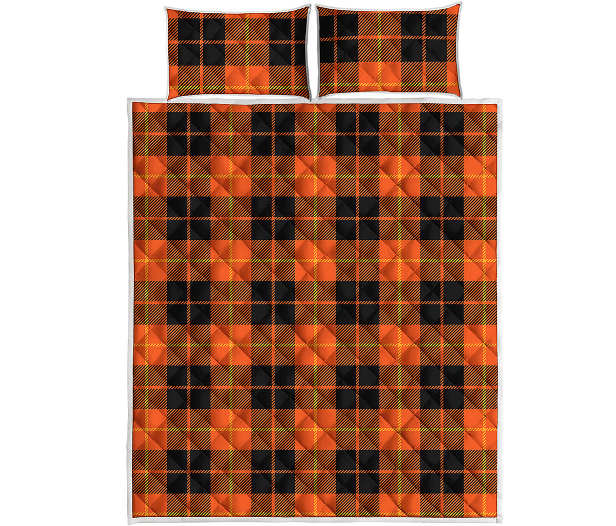 Orange Black And Yellow Tartan Print Quilt Bed Set