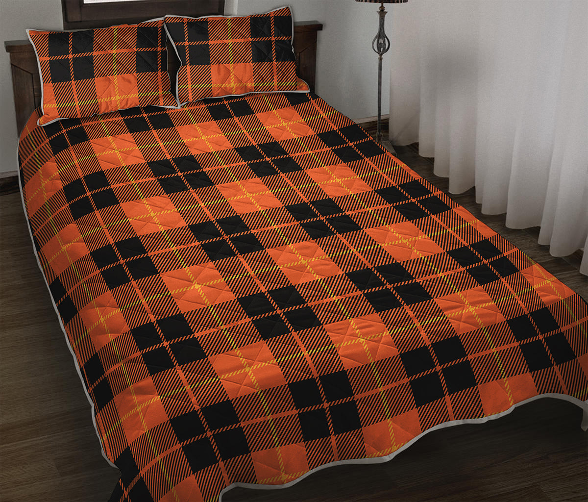 Orange Black And Yellow Tartan Print Quilt Bed Set