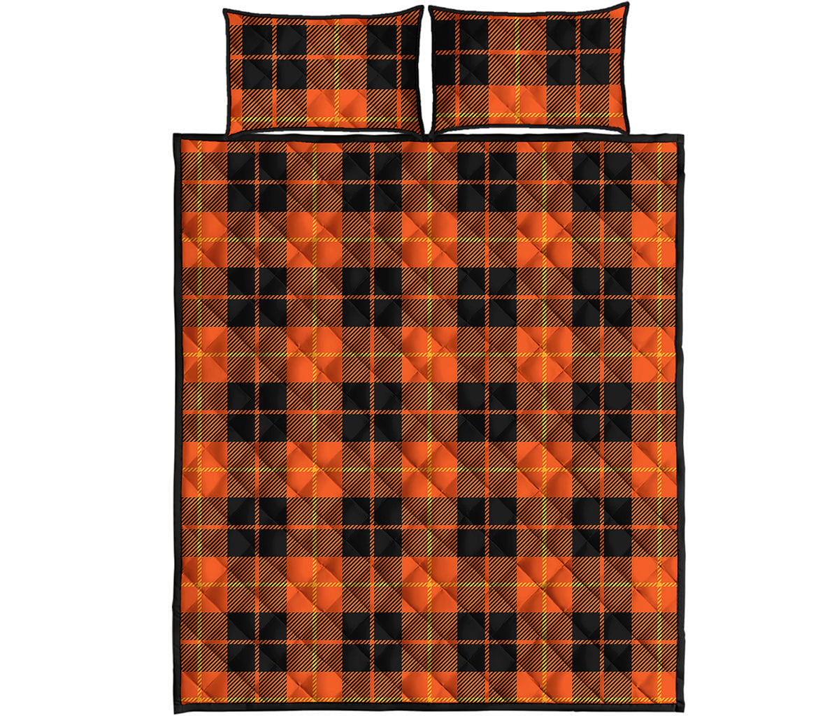 Orange Black And Yellow Tartan Print Quilt Bed Set