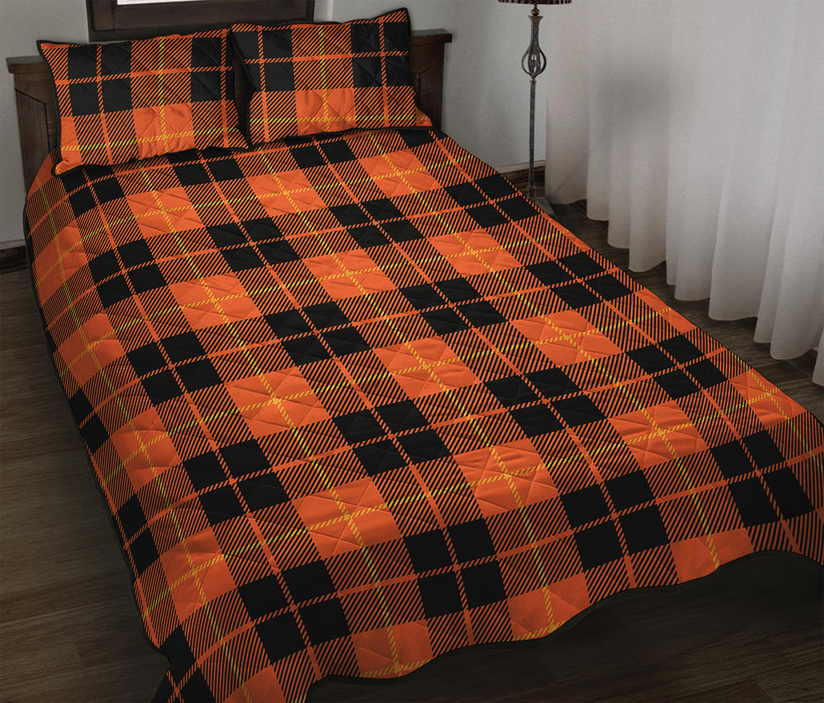 Orange Black And Yellow Tartan Print Quilt Bed Set