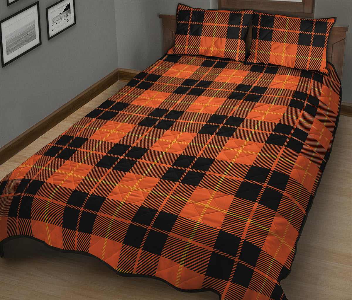 Orange Black And Yellow Tartan Print Quilt Bed Set
