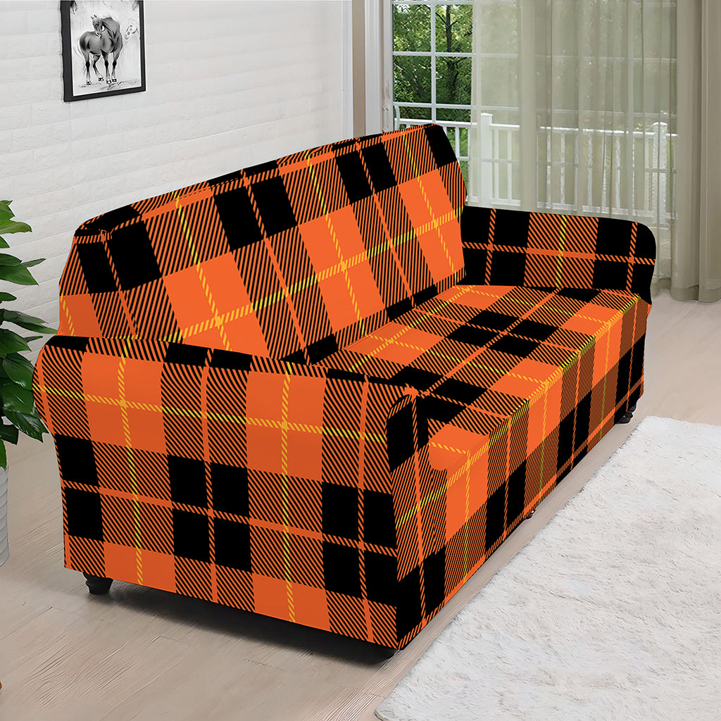 Orange Black And Yellow Tartan Print Sofa Cover