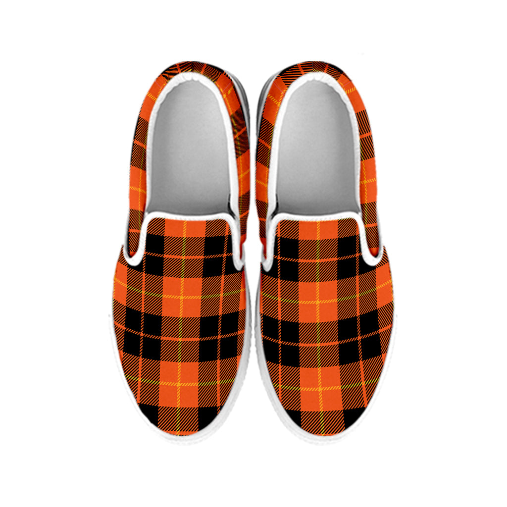 Orange Black And Yellow Tartan Print White Slip On Shoes