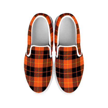 Orange Black And Yellow Tartan Print White Slip On Shoes