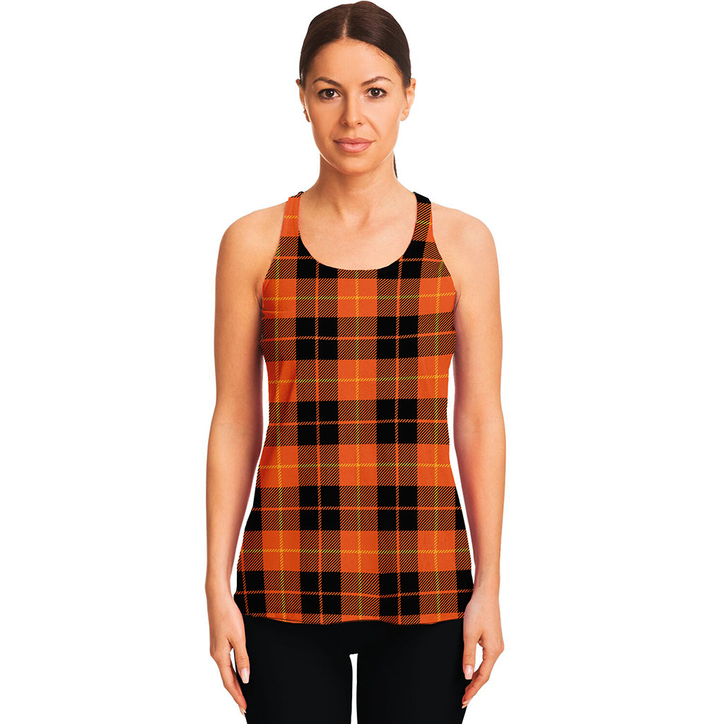 Orange Black And Yellow Tartan Print Women's Racerback Tank Top