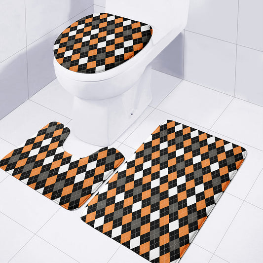 Orange Black Grey And White Argyle Print 3 Piece Bath Mat Set
