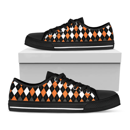 Orange Black Grey And White Argyle Print Black Low Top Shoes