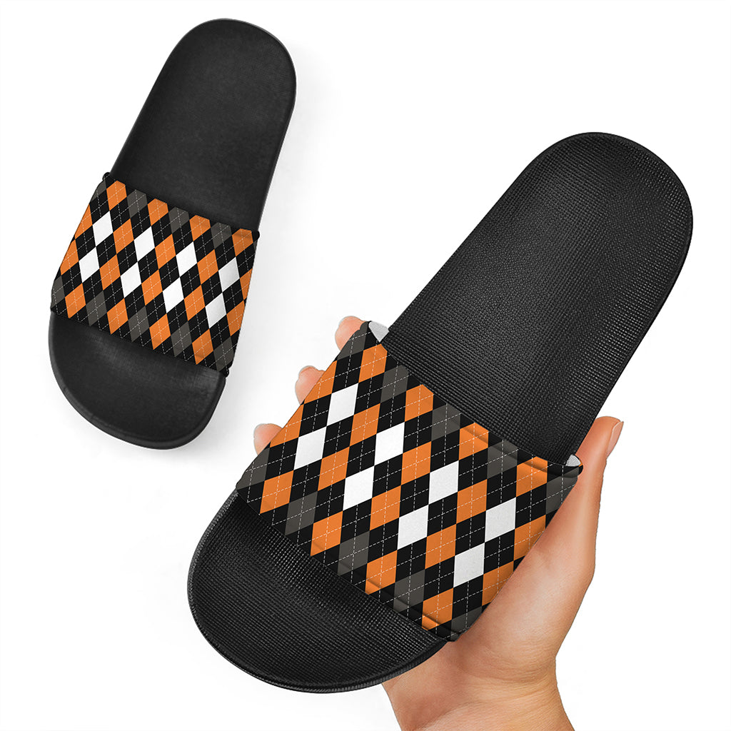 Orange Black Grey And White Argyle Print Black Slide Sandals