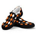 Orange Black Grey And White Argyle Print Black Slip On Sneakers