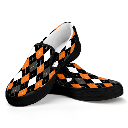 Orange Black Grey And White Argyle Print Black Slip On Shoes