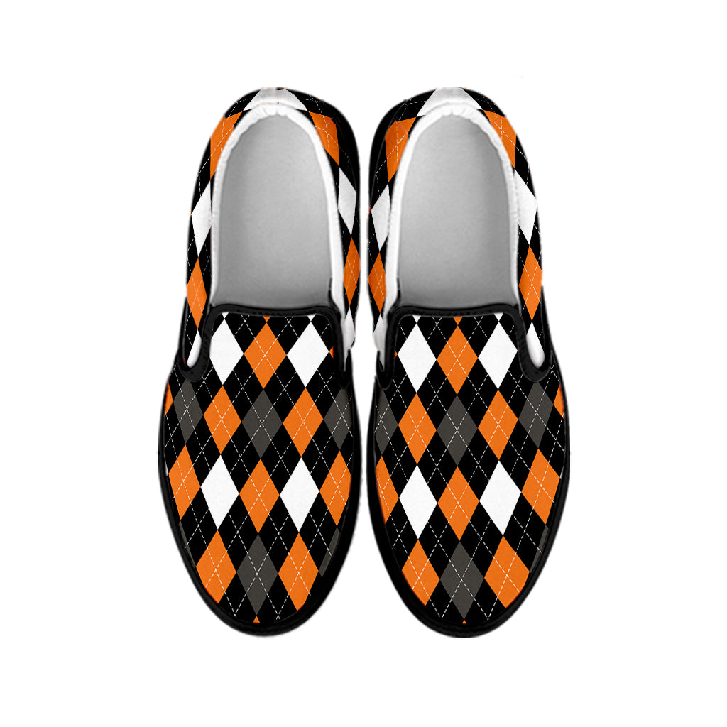 Orange Black Grey And White Argyle Print Black Slip On Shoes
