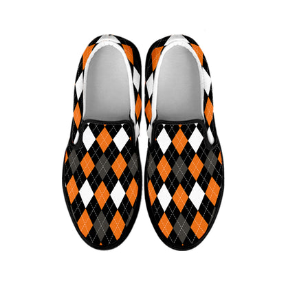 Orange Black Grey And White Argyle Print Black Slip On Shoes