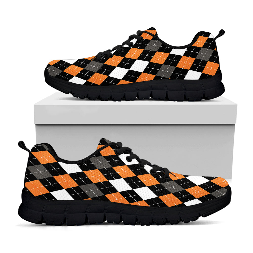 Orange Black Grey And White Argyle Print Black Sneakers