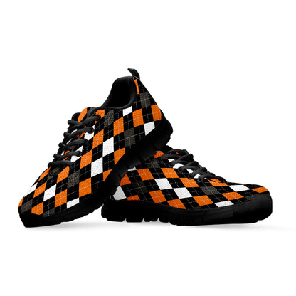 Orange Black Grey And White Argyle Print Black Sneakers
